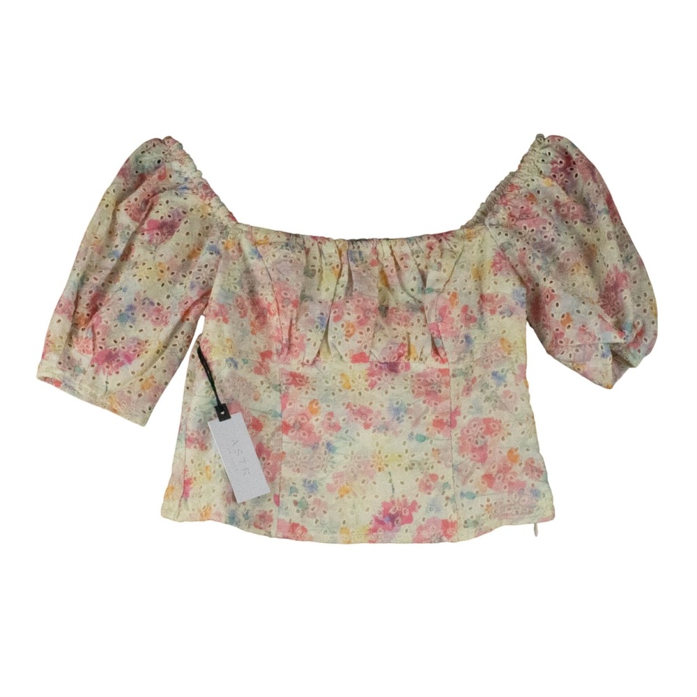 ASTR The Label Women S Floral Eyelet Top Cottagecore Peasant Smocked Puff Sleeve - Picture 2 of 10